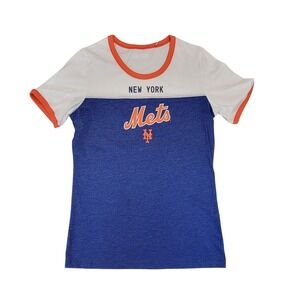 New York Mets Womens Size Small Ringer T Shirt Orange Blue White